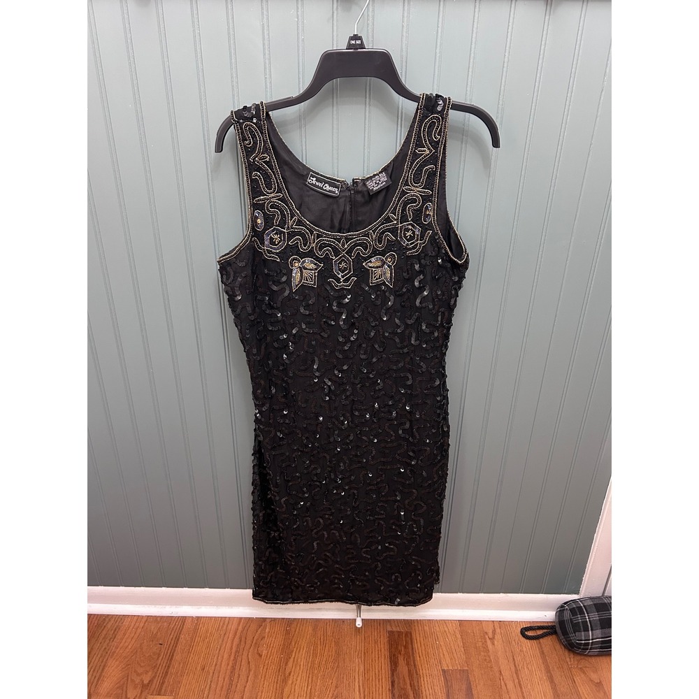 Jewel Queen Vintage‎ Black Silk Sequin Beaded Cocktail Dress Womens Medium Gold